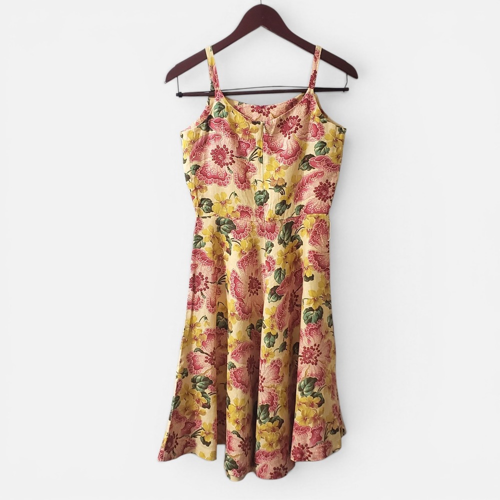 VTG J.P. & Mattie 100% Linen Yellow Floral Fit & Flare Dress Petite 90s Retro - Picture 3 of 11